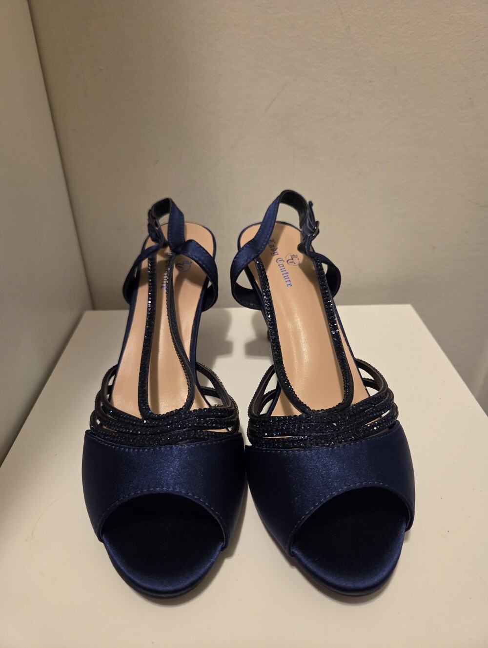 Women's Navy Blue Satin T-Strap Evening Sandals